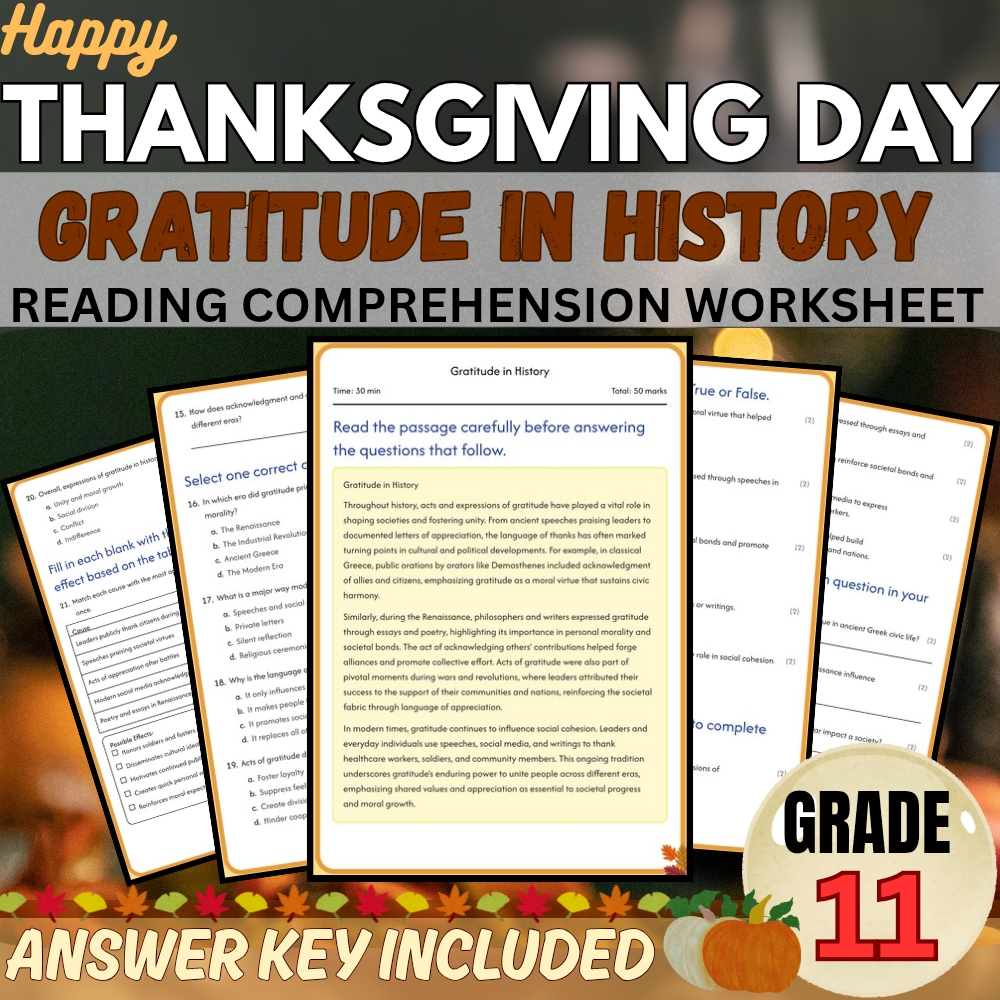 Grade 11 Seasonal | Happy Thanksgiving Worksheet for Mastery | PDF + Answer Key