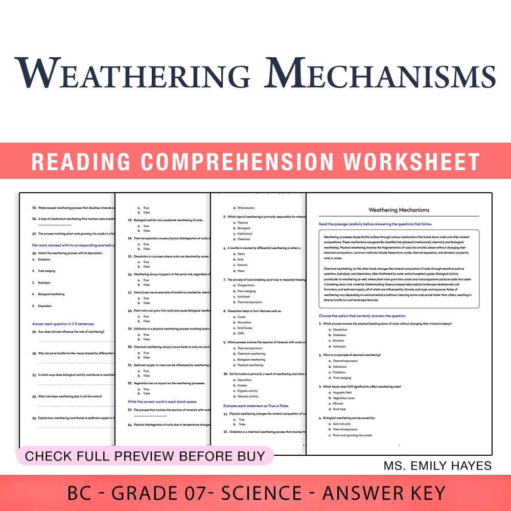 Grade 7 Science — worksheet — 7th Grade Science | Weathering Mechanisms Worksheet (PDF+ Answer Key) — page 1
