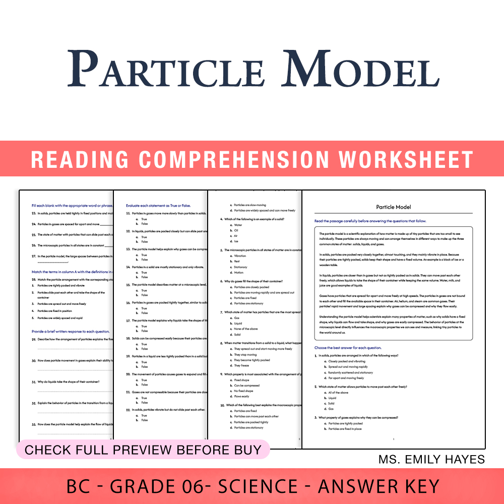 Grade 6 Science worksheet worksheet — Grade 6 Science | Particle Model Worksheet (PDF+ Answer Key) — page 1