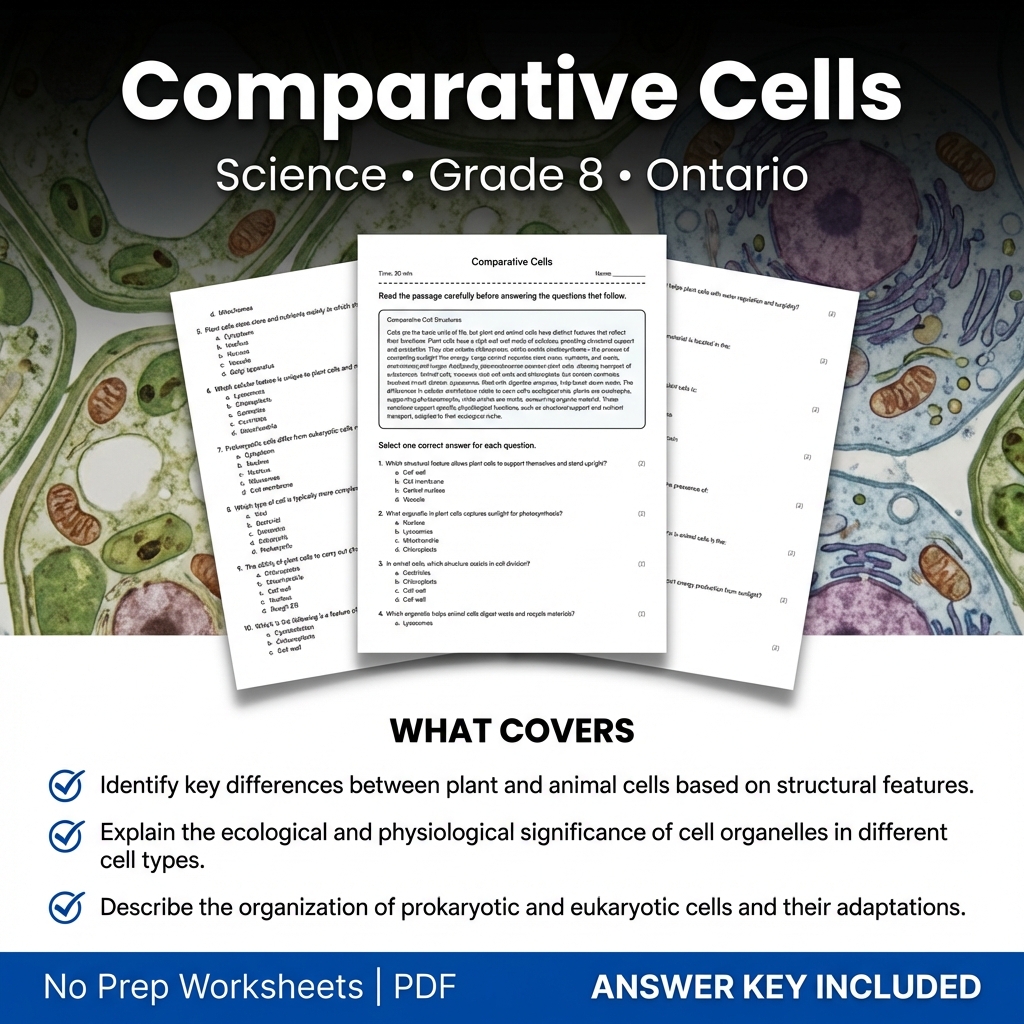 Grade 8 Science Worksheet on Comparative Cells | Ontario Standards