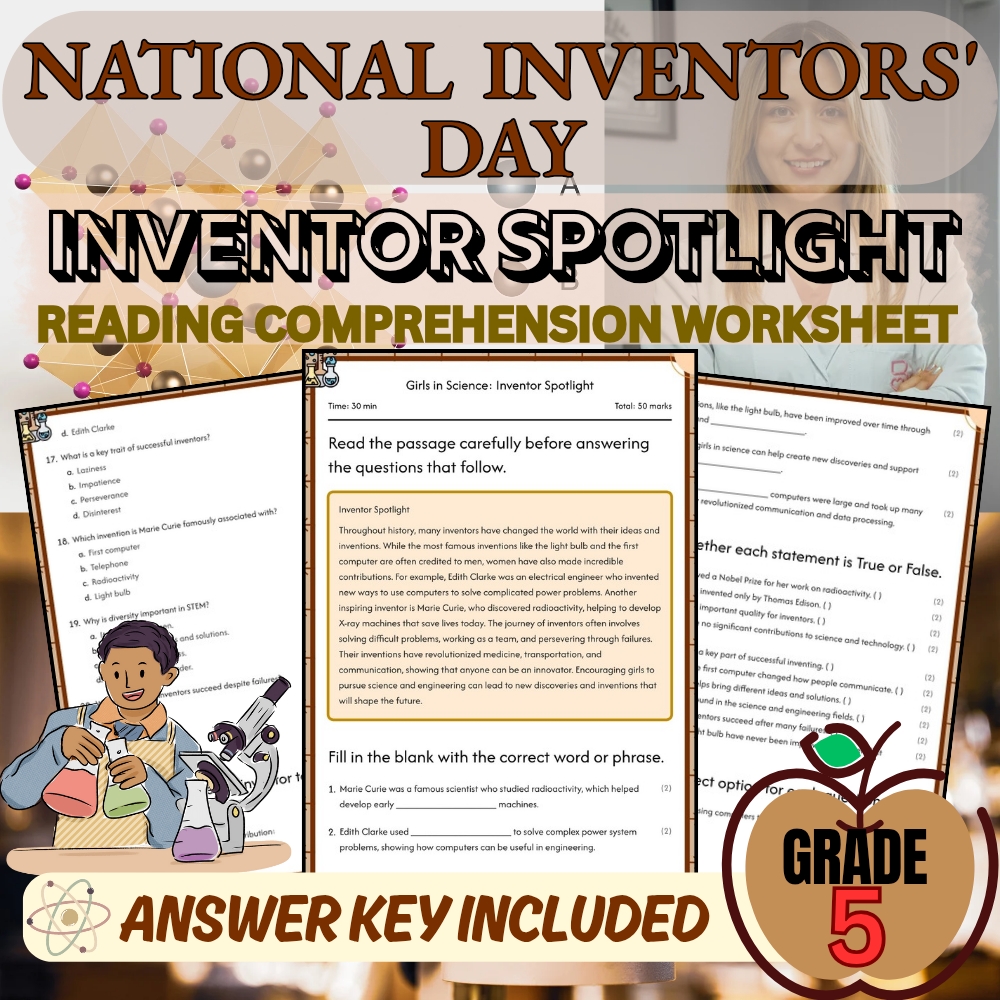 Grade 5 Girls in Science Worksheet for Inventor Contributions | PDF + Answer Key