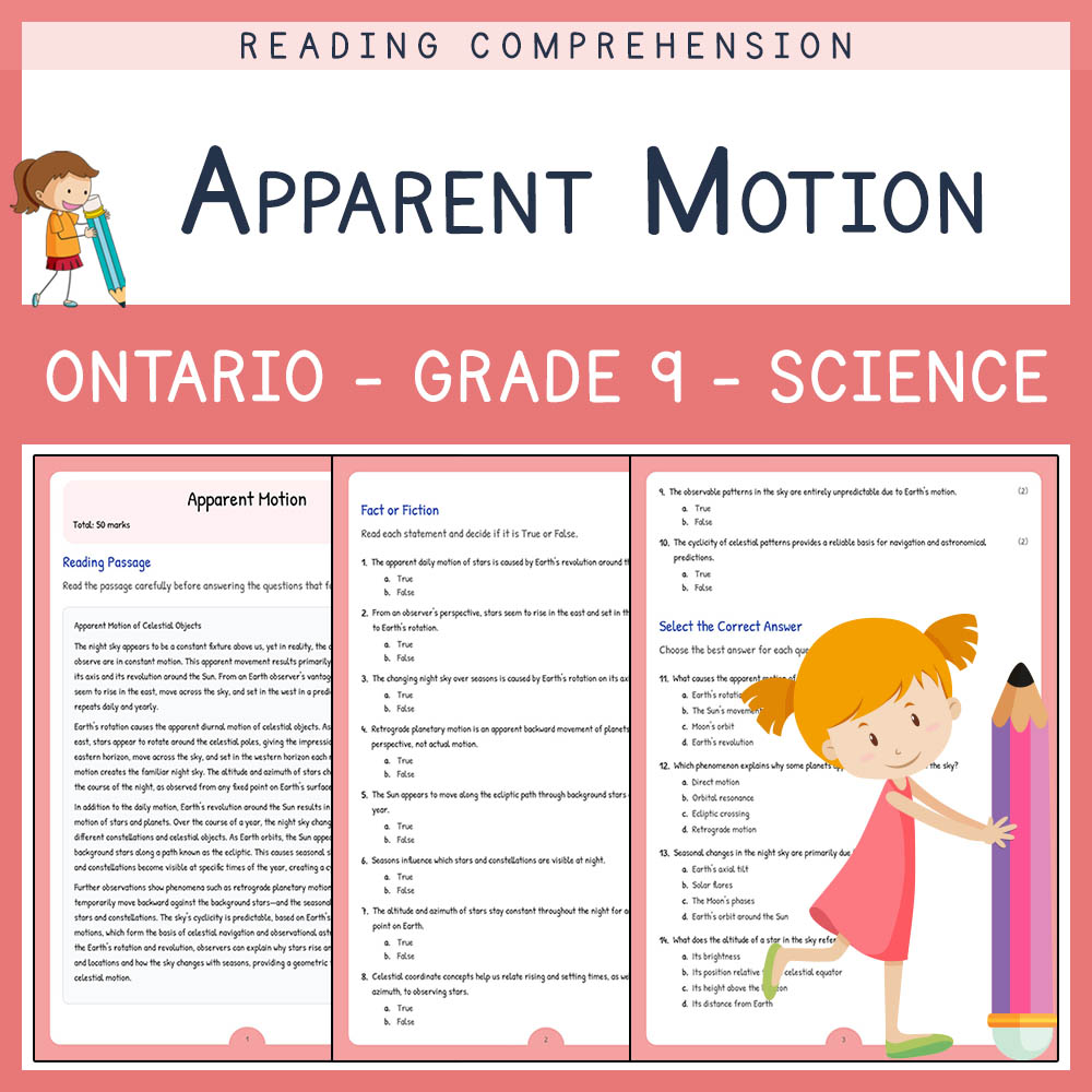 Grade 9 Science worksheet elena worksheet — Grade 9 Science | Apparent Motion Worksheet | Ontario  | Assessment PDF — page 1