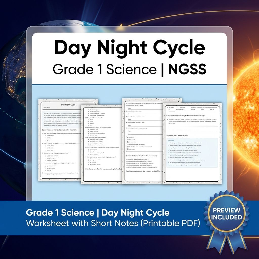 Grade 1 Science | Day Night Cycle Worksheet with Short Notes (Printable PDF)