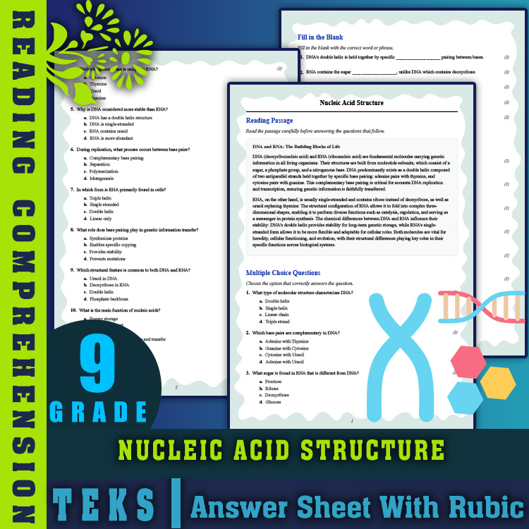 Grade 9 Science reading worksheets worksheet — Grade 9 Science | Nucleic Acid Structure Reading Worksheet & Answer Key (PD…