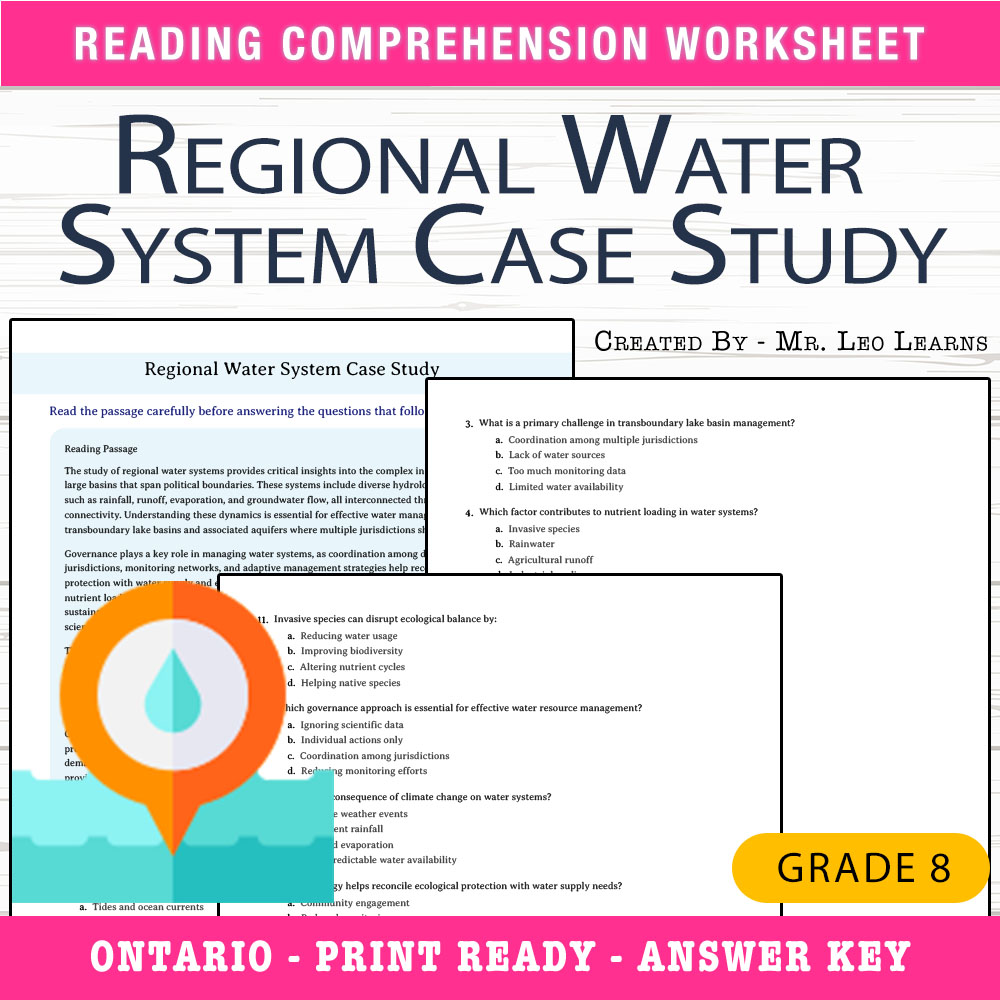 Grade 8 Science worksheet worksheet — Grade 8 Science – Regional Water System Case Study Worksheet — page 1