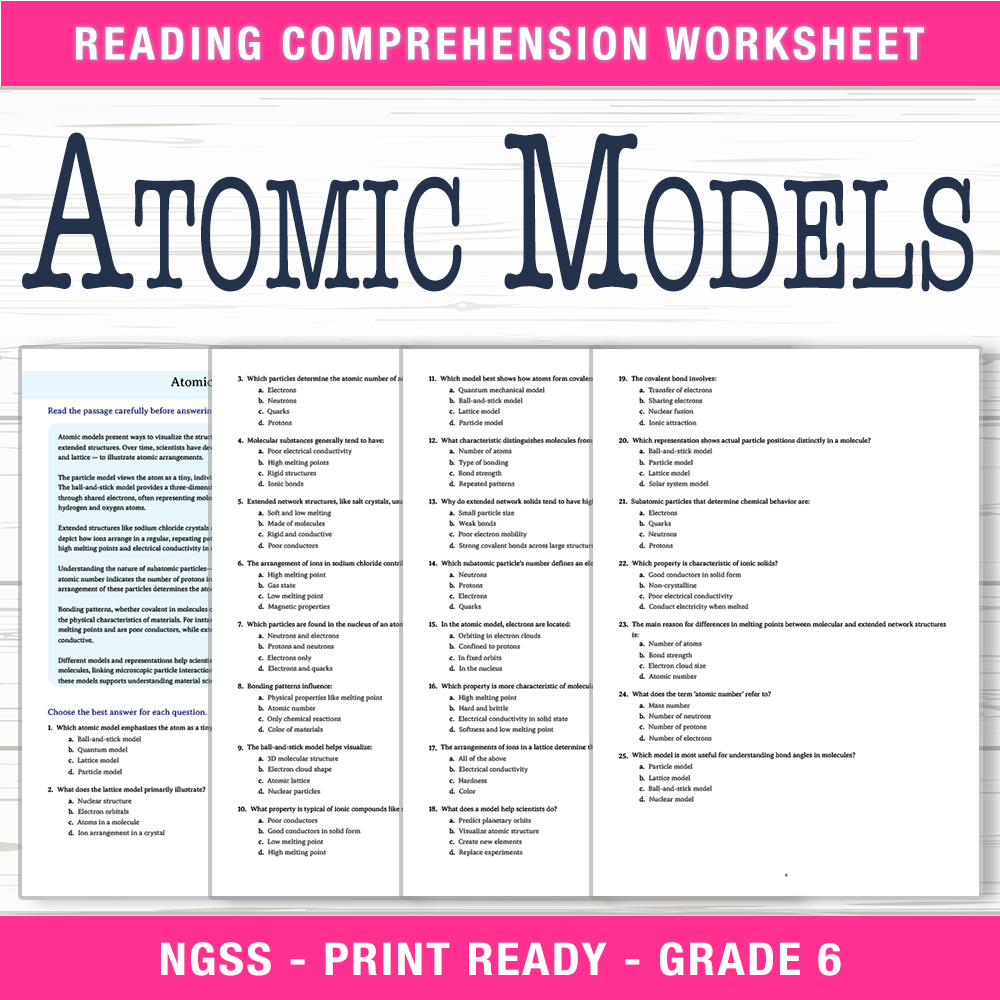 Grade 7 Science | Atomic Models Worksheet (PDF + Answer Key)