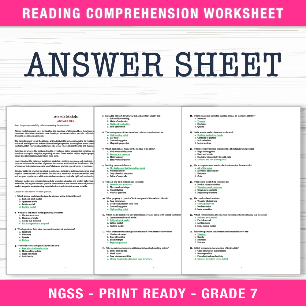 Grade 7 Science worksheet worksheet — Grade 7 Science | Atomic Models Worksheet (PDF + Answer Key) — page 2