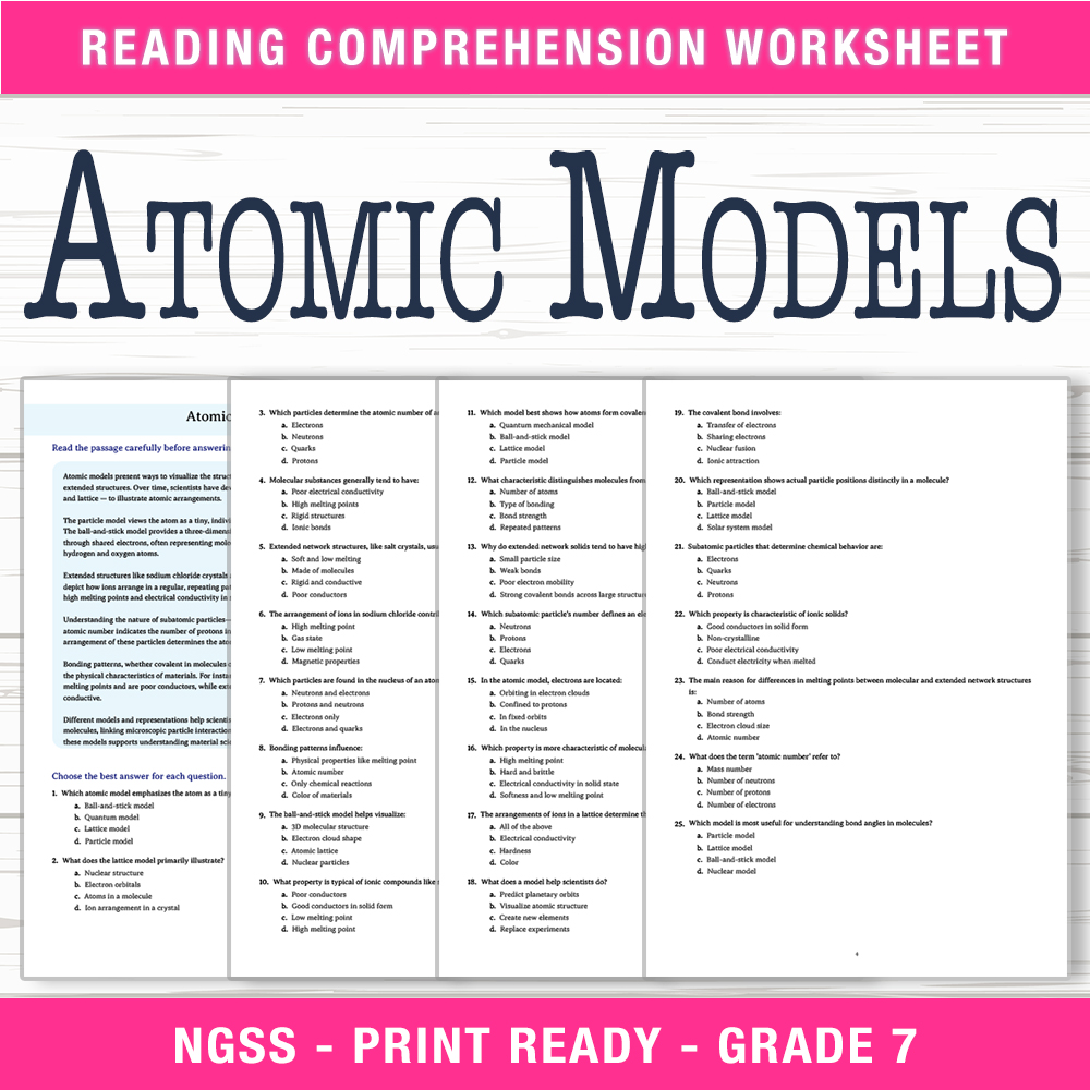 Grade 7 Science worksheet worksheet — Grade 7 Science | Atomic Models Worksheet (PDF + Answer Key) — page 1