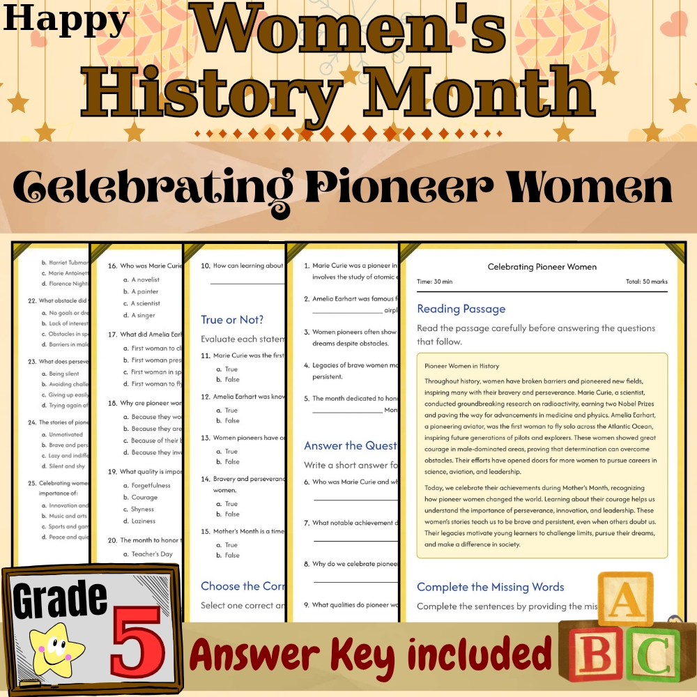Grade 5 Seasonal Mother History Month Worksheet for Mastery | PDF + Answer Key
