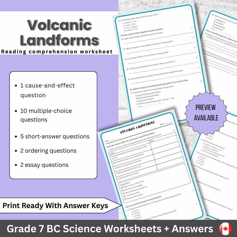 Grade 7 Science science 1 worksheet — Grade 7 Science | Volcanic Landforms Worksheet (Answer Key) – BC Standards