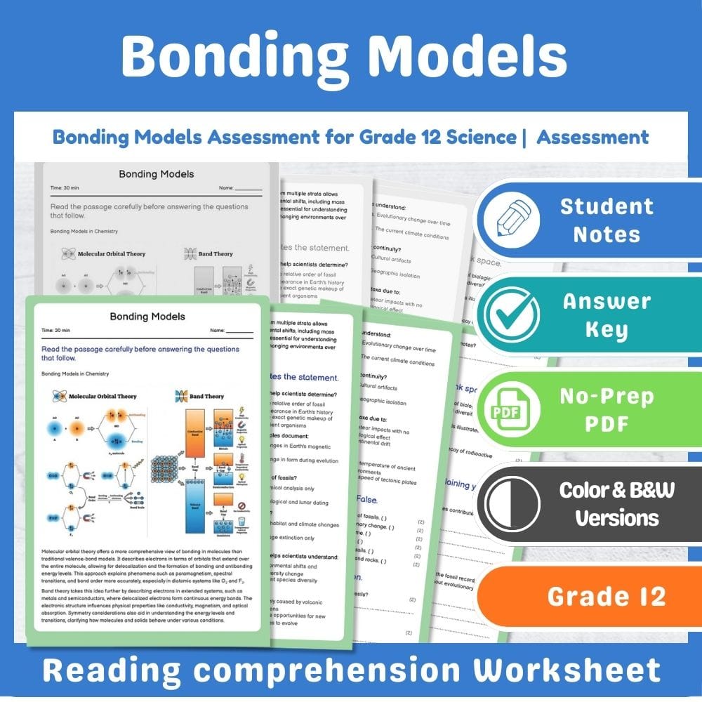 Grade 12 Science assessment worksheet — Bonding Models Assessment for Grade 12 Science | Standards-Aligned Assessment — pa…
