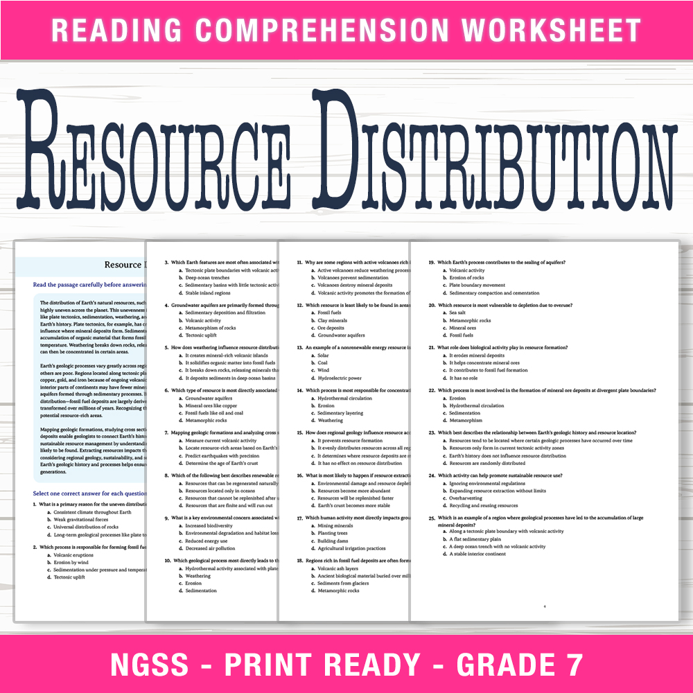 Grade 7 Science worksheet worksheet — Grade 7 Science | Resource Distribution Worksheet (PDF + Answer Key) — page 1