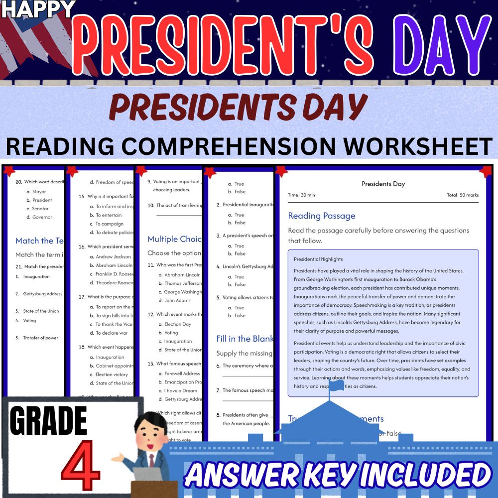 Grade 4 | Presidents Day Worksheet for Mastering US History | PDF + Answer Key