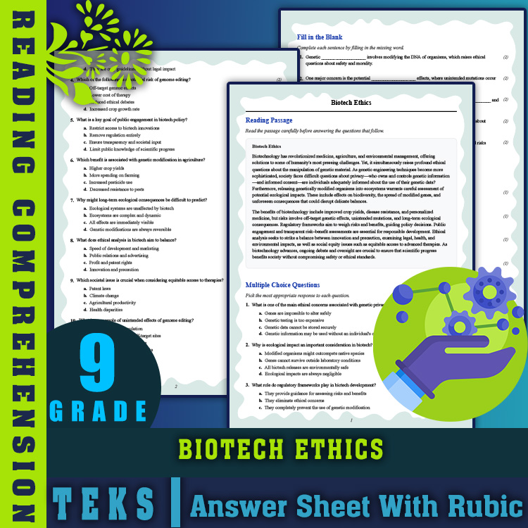 Grade 9 Science reading worksheets worksheet — Grade 9 Science | Biotech Ethics Reading Worksheet (PDF + Answer Key) — page 1