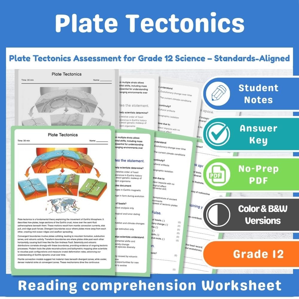 Grade 12 Science assessment worksheet — Plate Tectonics Assessment for Grade 12 Science – Standards-Aligned — page 1