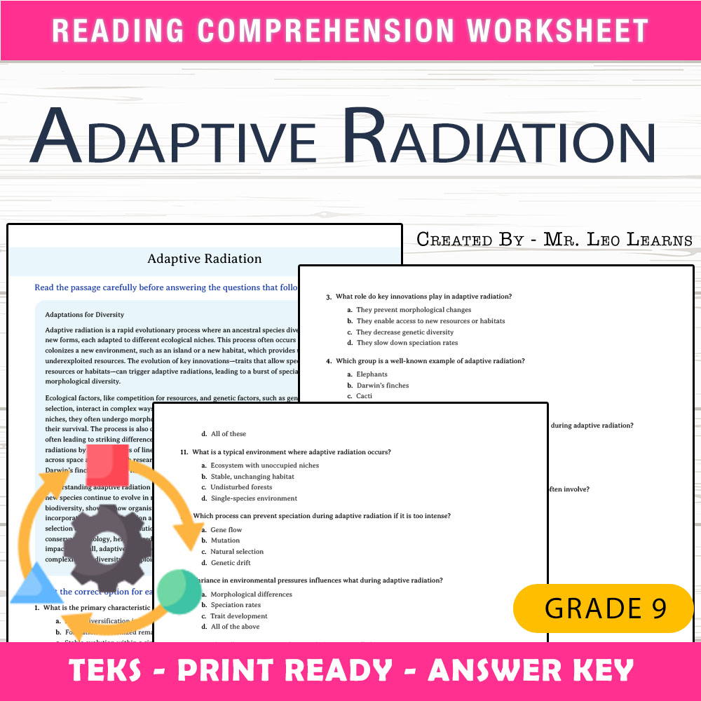Grade 9 Science worksheet worksheet — Grade 9 Science | Adaptive Radiation Worksheet for Mastery — page 1