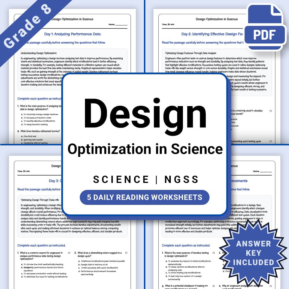Grade 8 Science daily reading worksheet worksheet — Grade 8 Science – Design Optimization Worksheet(PDF + Answer Key) — pa…