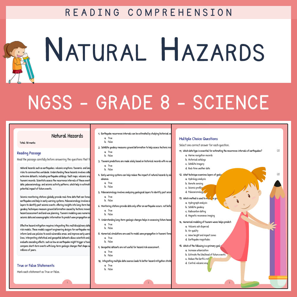 Grade 8 Science worksheet worksheet — Grade 8 Science | Natural Hazards Worksheet (Answer Key) Aligned with NGSS — page 1