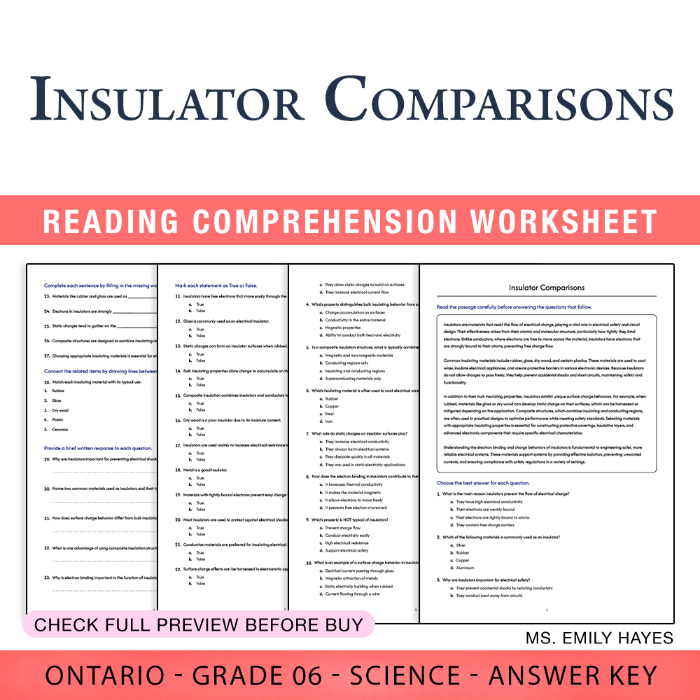 Grade 6 Science worksheet worksheet — 6th Grade Science | Insulator Comparisons Worksheet (PDF + Answer Key) — page 1