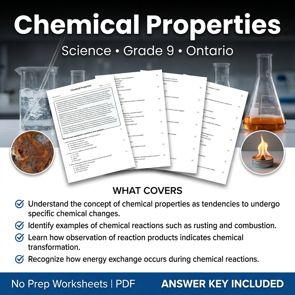 Chemical Properties Worksheet Grade 9 Science | Ontario Standards