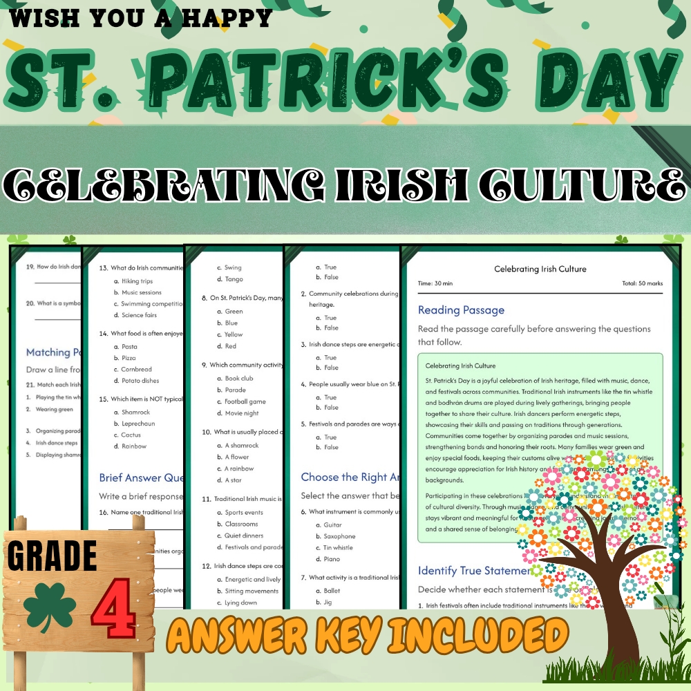 Grade 4 Seasonal – St. Patrick's Day Worksheets Pack for Irish Culture & Symbols — included worksheet 5