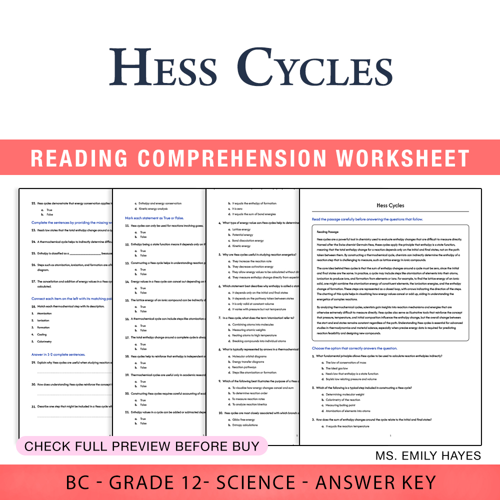 Grade 12 Science worksheet worksheet — 12th Grade Science | Hess Cycles Worksheet (PDF + Answer Key) — page 1