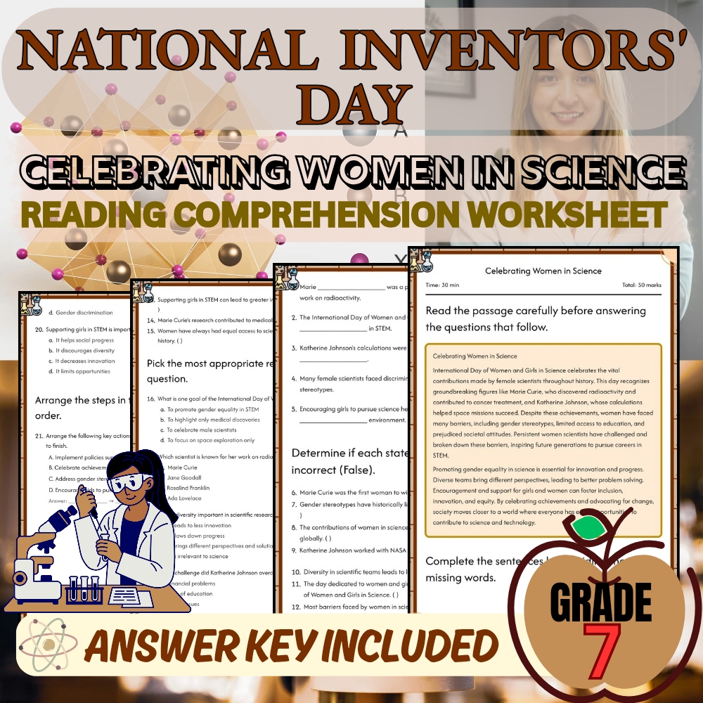 Grade 7 Holiday |Girls in science worksheet for Women in STEM | PDF + Answer Key