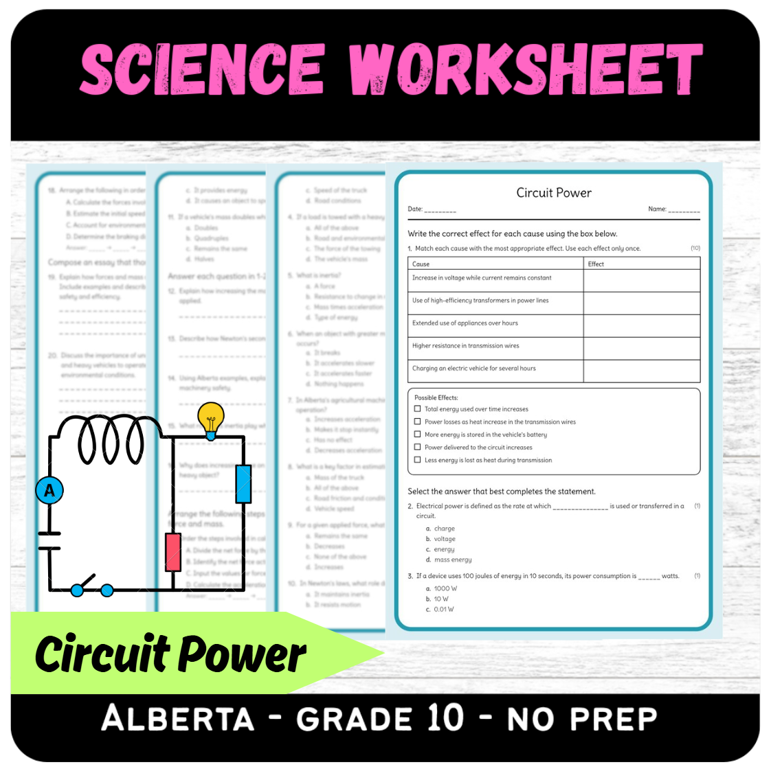 Grade 10 Science | Circuit Power Worksheet (PDF) – Alberta Standards