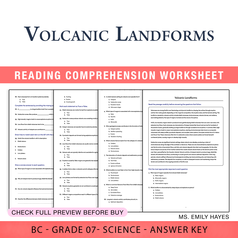 Grade 7 Science worksheet worksheet — 7th Grade Science | Volcanic Landforms Worksheet (PDF + Answer Key) — page 1