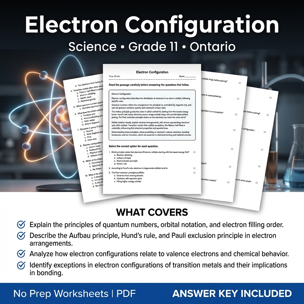 Electron Configuration Worksheet for Grade 11 Science | Ontario Standards