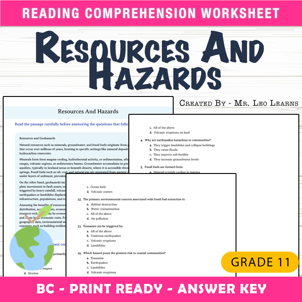 Grade 11 Science worksheet mcq paper worksheet — Grade 11 Science — Resources and Hazards Worksheet MCQ Paper — page 1