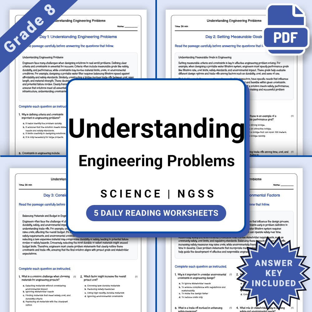 Grade 8 Science daily reading worksheet worksheet — Grade 8 Science – Understanding Engineering Problems Worksheet(PDF + A…