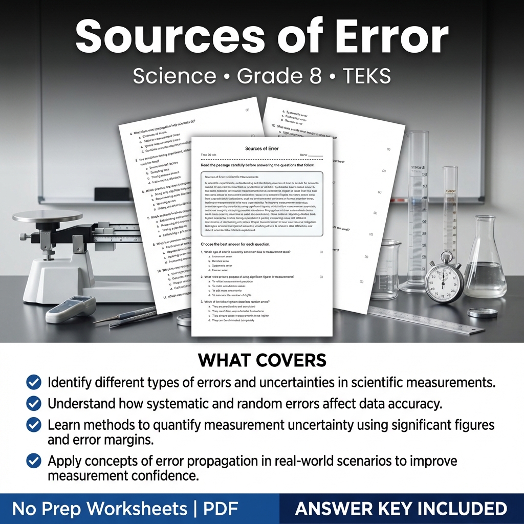 Sources of Error Science Worksheet for Grade 8 | TEKS aligned practice