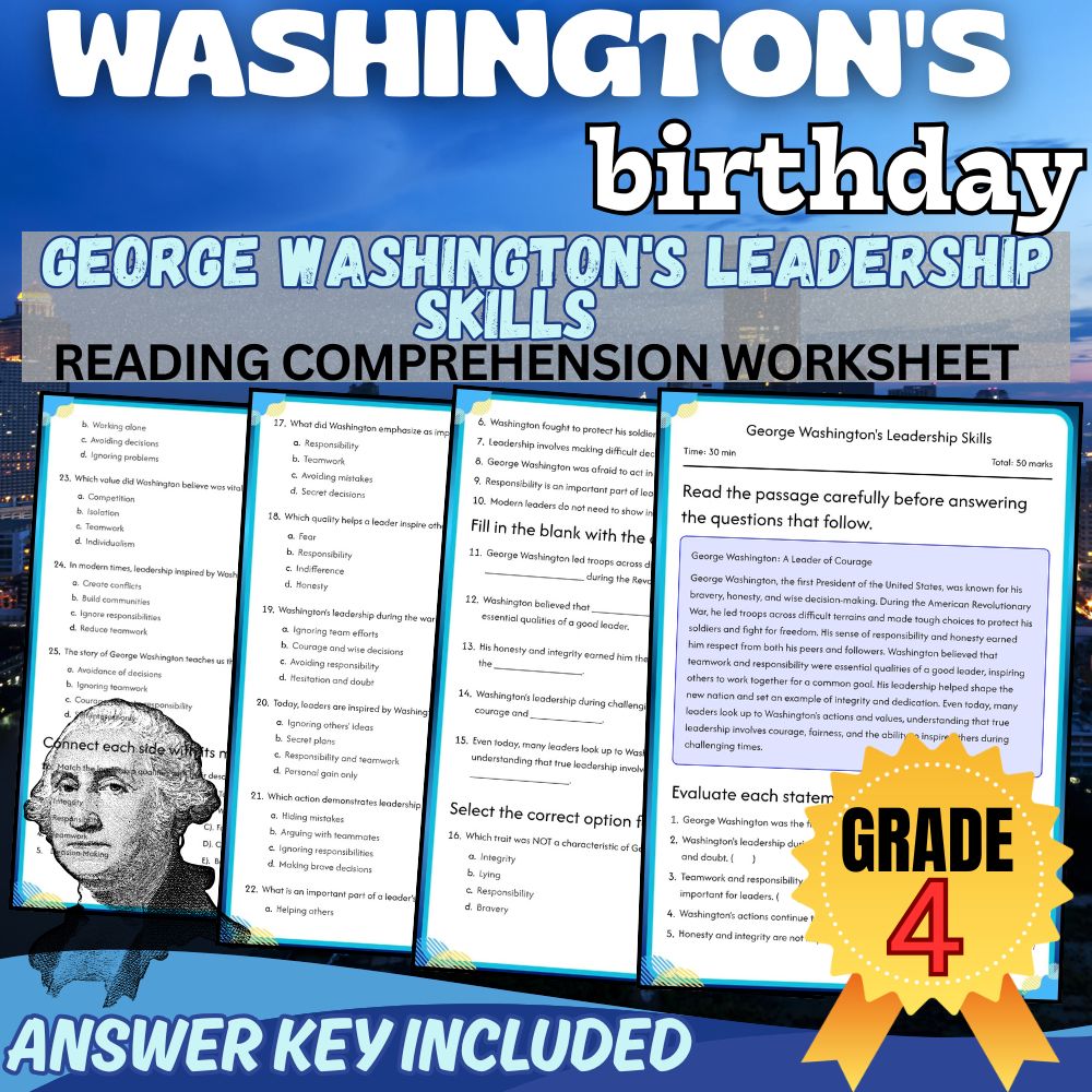 Grade 4 Holiday |George Washington's Leadership Skills Worksheet| PDF+Answer Key
