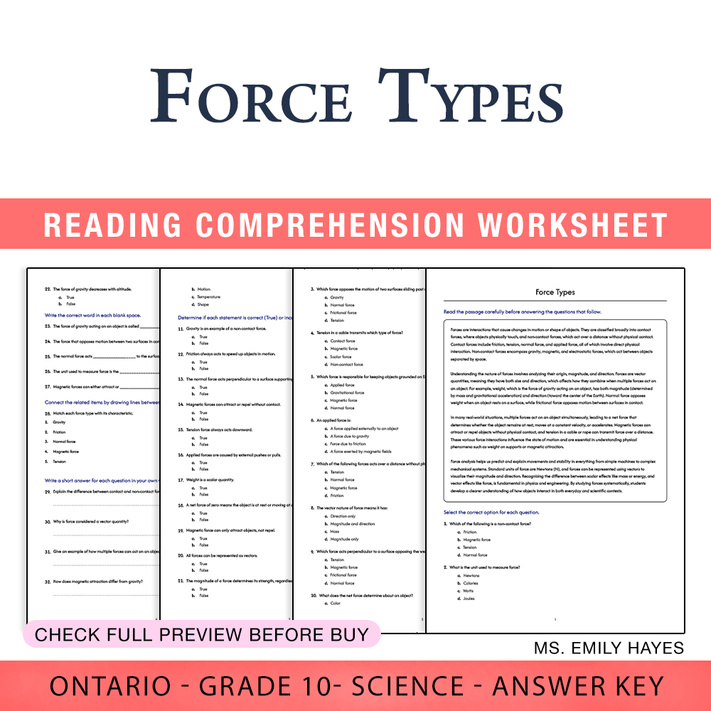 Grade 10 Science worksheet worksheet — Grade 10 Science | Force Types Worksheet (PDF + Answer Key) — page 1