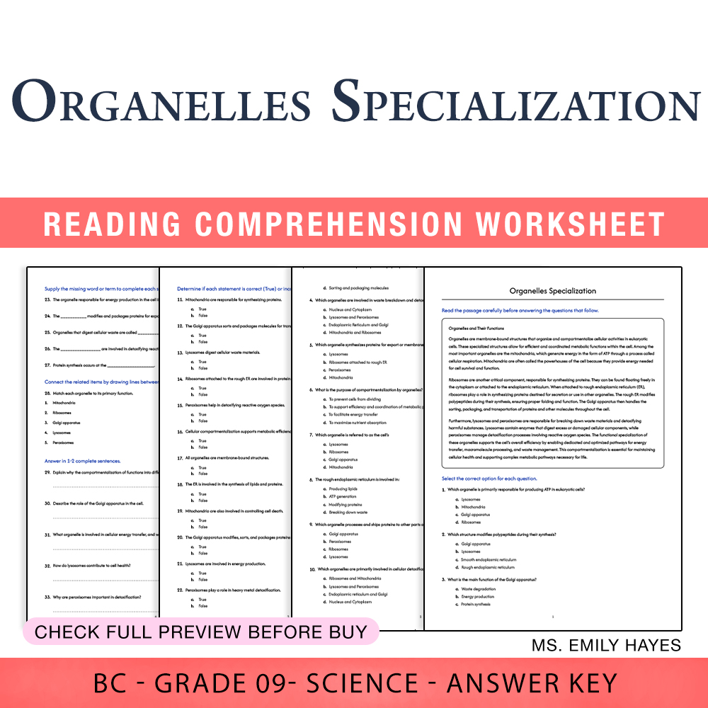 Grade 9 Science worksheet worksheet — 9th Grade Science | Organelles Specialization Worksheet (PDF+ Answer Key) — page 1
