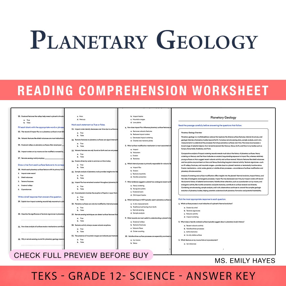 Grade 12 Science worksheet worksheet — Grade 12 Science | Planetary Geology Worksheet (PDF+ Answer Key) — page 1