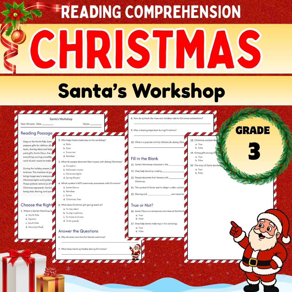 Grade 3 Seasonal Christmas Worksheet – Santa's Workshop | Holiday Activities