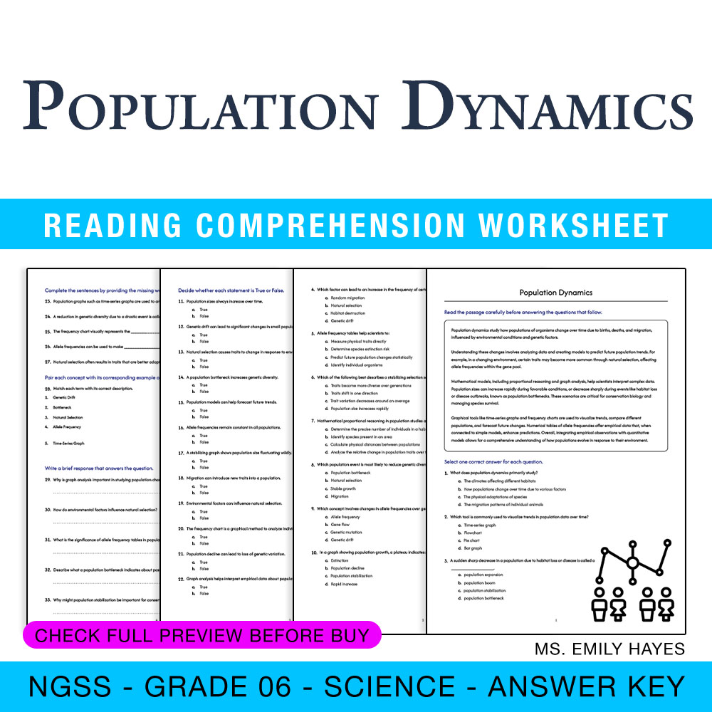 Grade 6 Science worksheet — 6th Grade Science | Population Dynamics Worksheet (PDF + Answer Key) — page 1