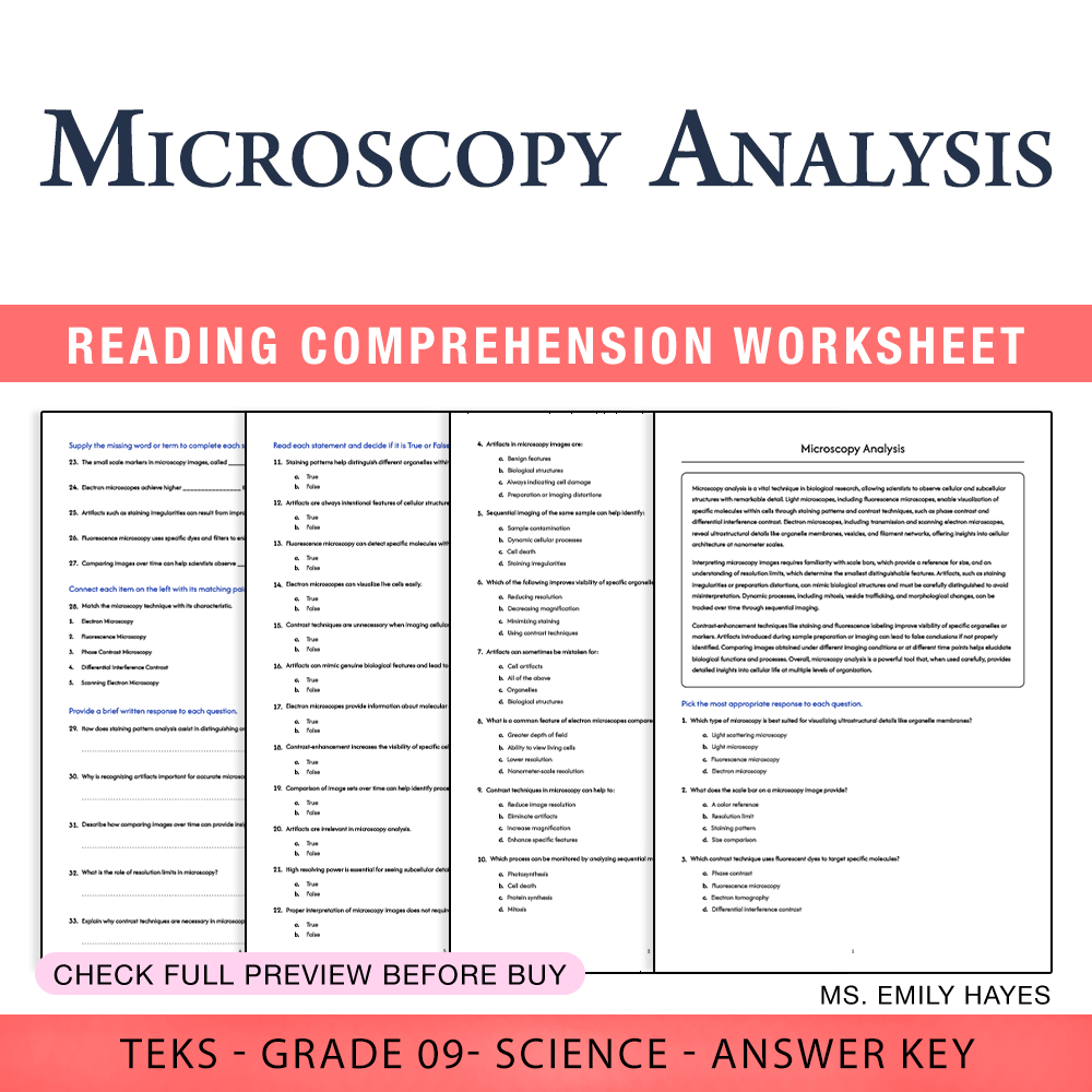 Grade 9 Science worksheet worksheet — Grade 9 Science | Microscopy Analysis Worksheet (PDF+ Answer Key) — page 1