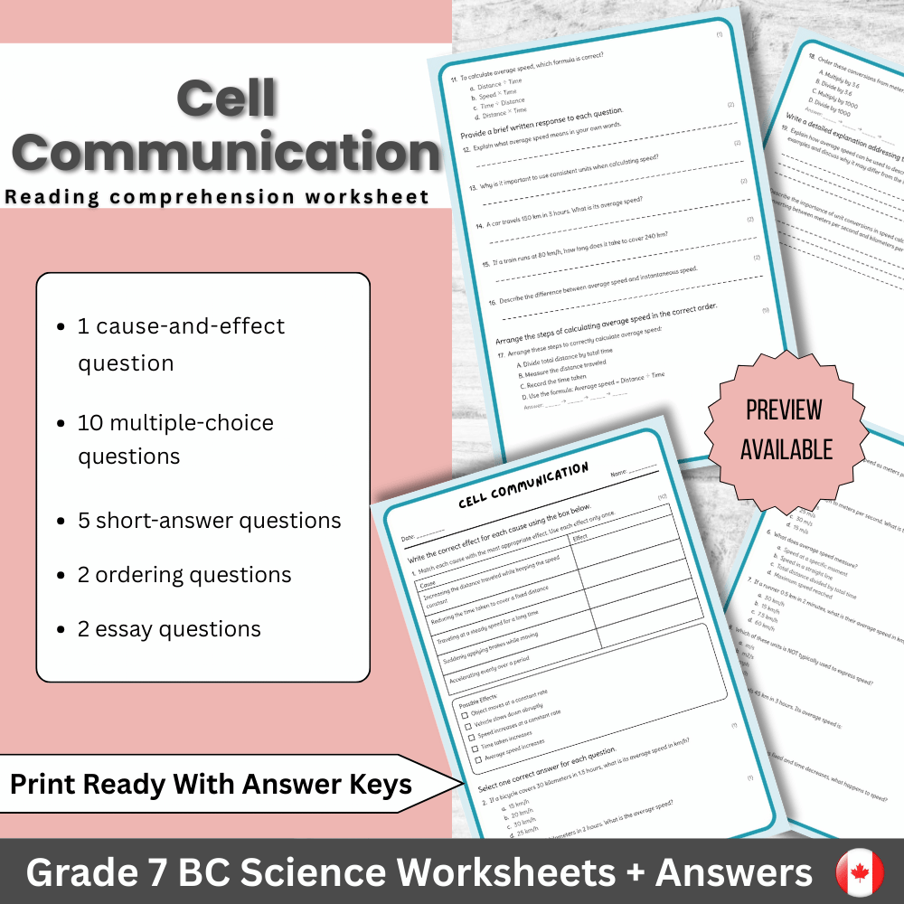7th Grade Science | Cell Communication Worksheet (Answer Key) | BC Standards
