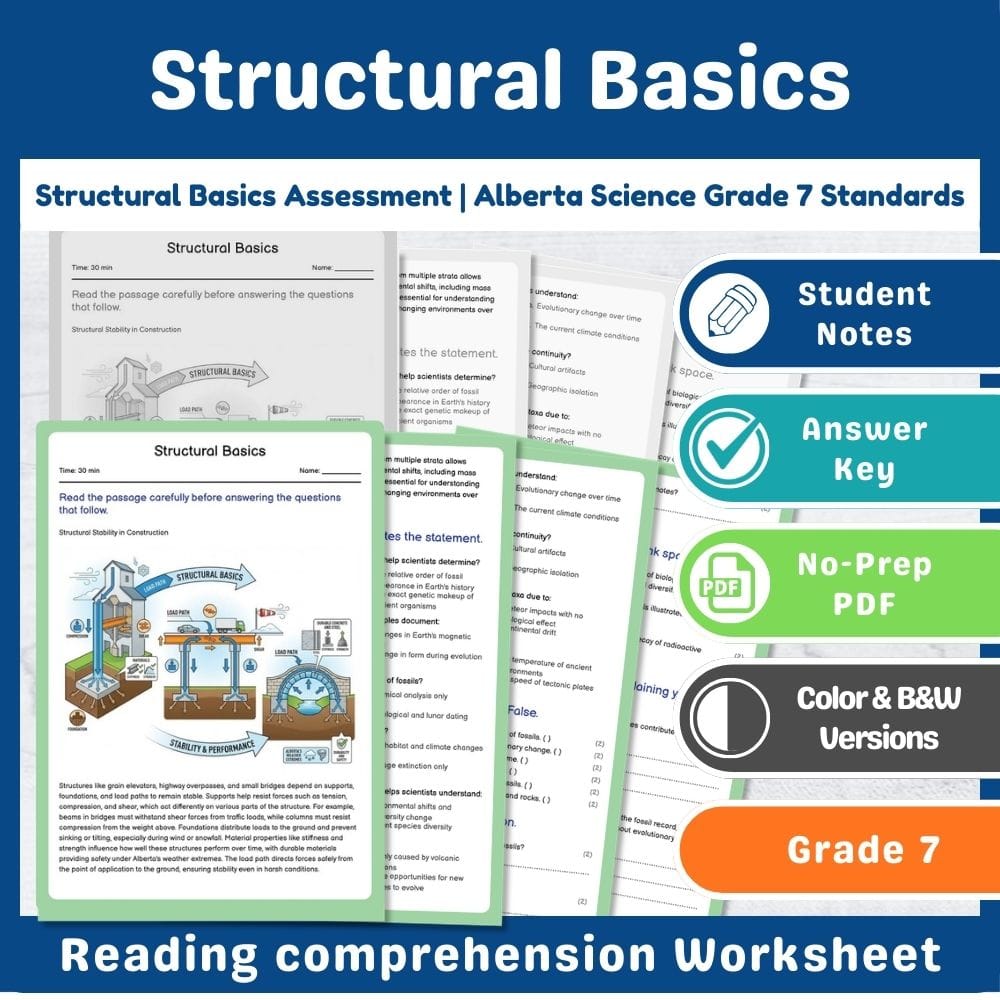 Grade 7 Science assessment worksheet — Structural Basics Assessment | Alberta Science Grade 7 Standards — page 1