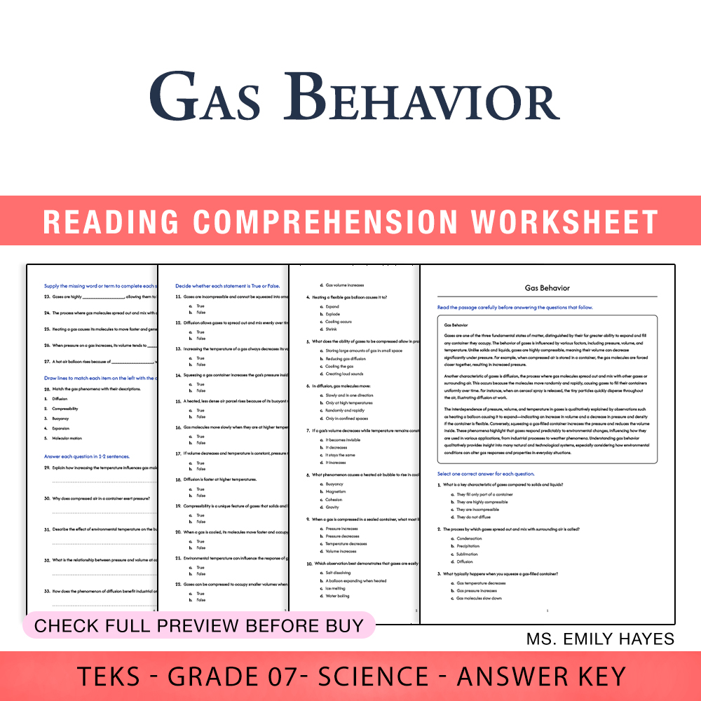 Grade 7 Science worksheet worksheet — 7th Grade Science | Gas Behavior Worksheet (PDF+ Answer Key) — page 1