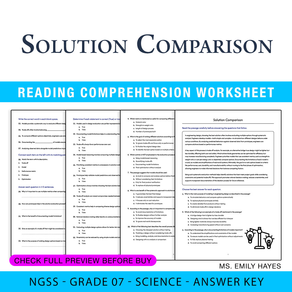 Grade 7 Science worksheet worksheet — Grade 7 Science | Solution Comparison Worksheet (PDF+ Answer Key) — page 1
