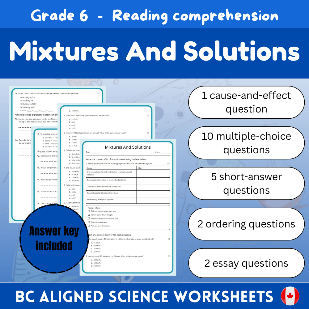 Grade 6 Science | Mixtures and Solutions Worksheet (PDF) – BC Standards