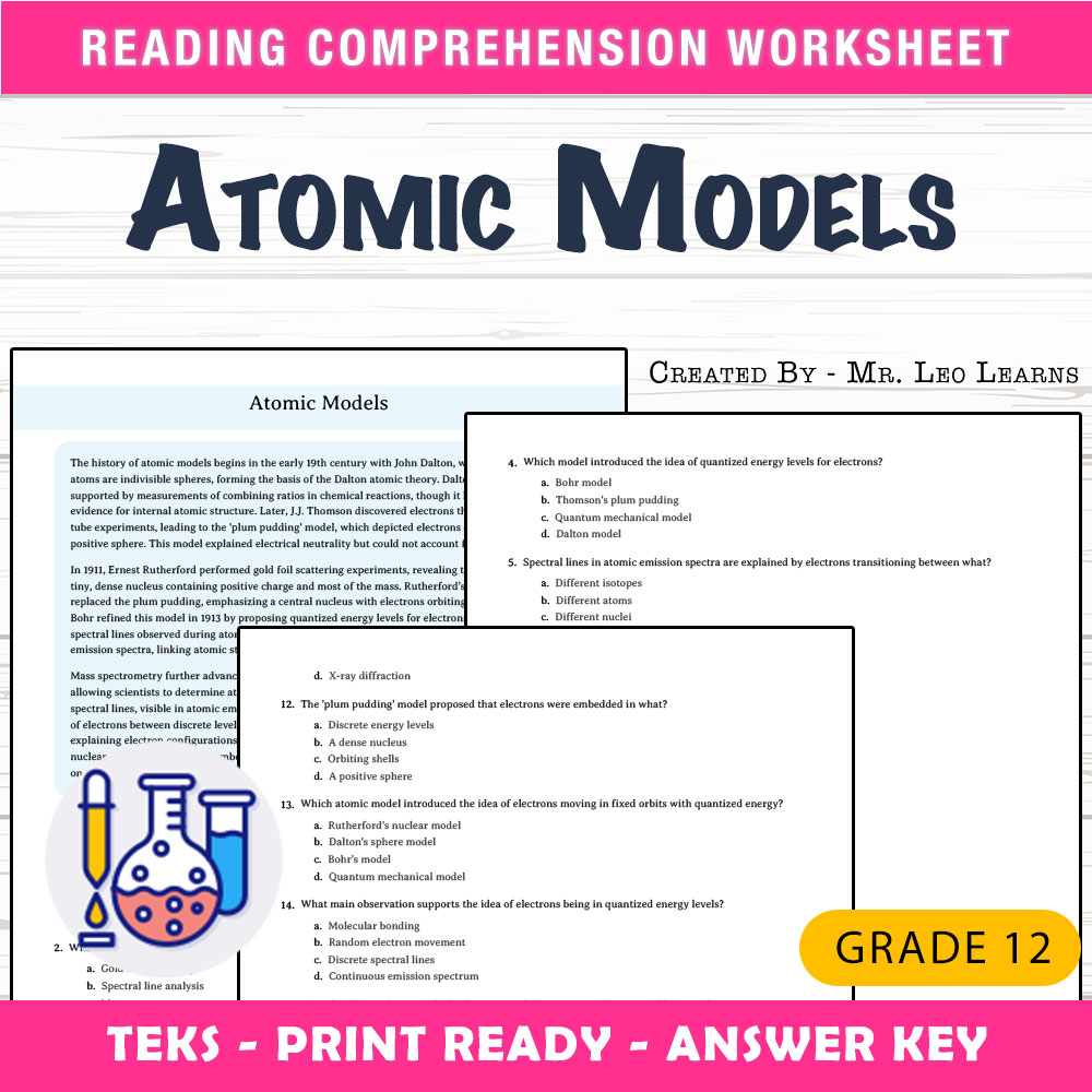 Grade 12 Science worksheet worksheet — Grade 12 Science | Atomic Models Worksheet for Mastery — page 1
