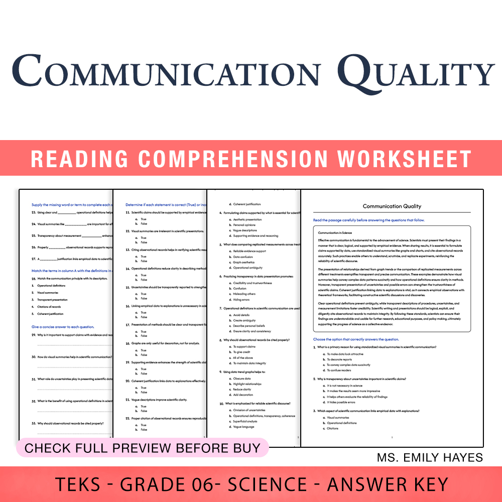Grade 6 Science worksheet worksheet — 6th Grade Science | Communication Quality Worksheet (PDF+ Answer Key) — page 1