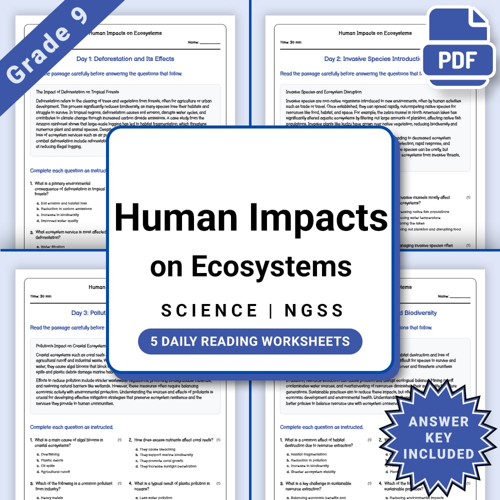 Grade 9 Science daily reading worksheet worksheet — Grade 9 Science – Human Impacts on Ecosystems Worksheet(PDF + Answer K…