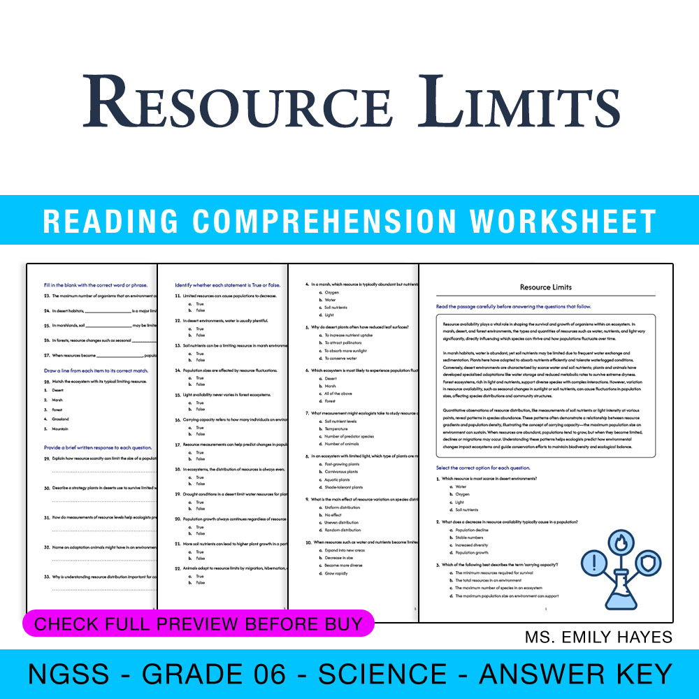 Grade 6 Science worksheet worksheet — 6th Grade Science | Resource Limits Worksheet (PDF +Answer Key) — page 1