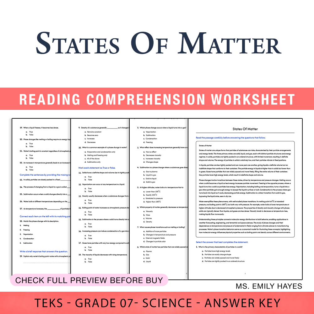 Grade 7 Science worksheet worksheet — 7th Grade Science | States Of Matter Worksheet (PDF+ Answer Key) — page 1